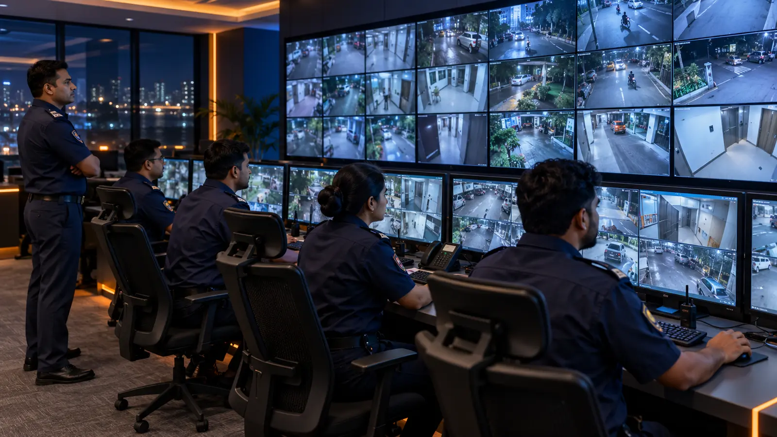 AI-generated illustration of a professional CCTV monitoring team