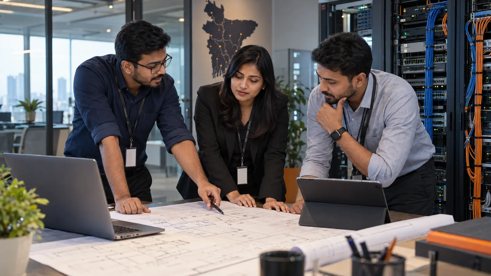 AI-generated illustration of network engineers planning corporate infrastructure